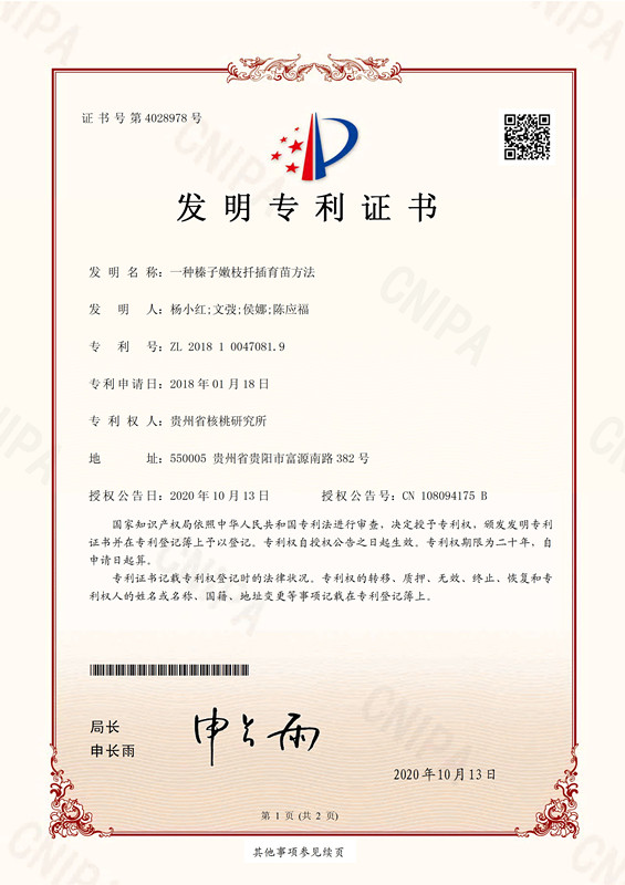 38.一种榛子嫩枝扦插育苗方法-证书-贵州省核桃研究所_页面_1.jpg